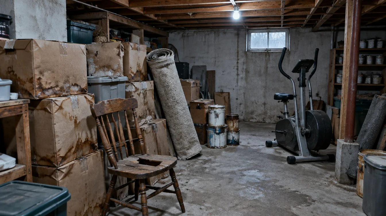 Basement with boxes, an old chair, rolled carpet and paint cans