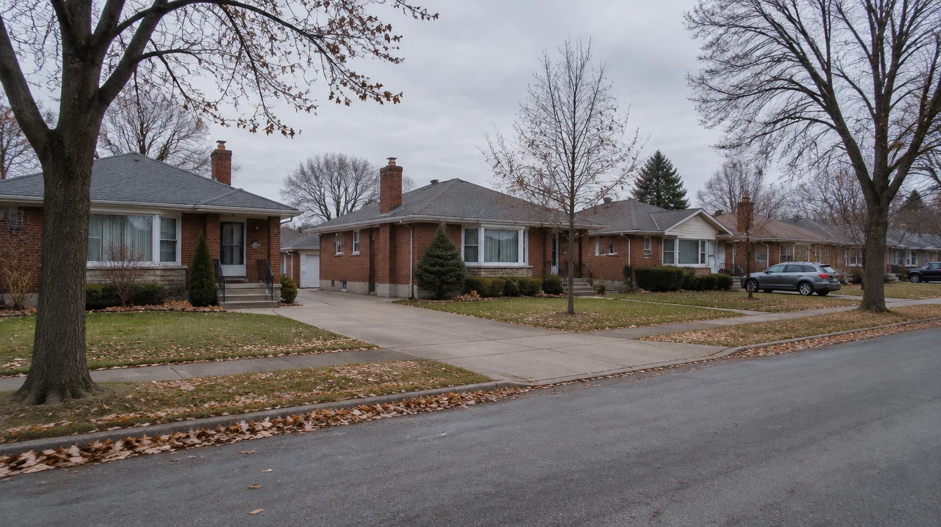 Red brick bungalows along a residential street on an overcast day