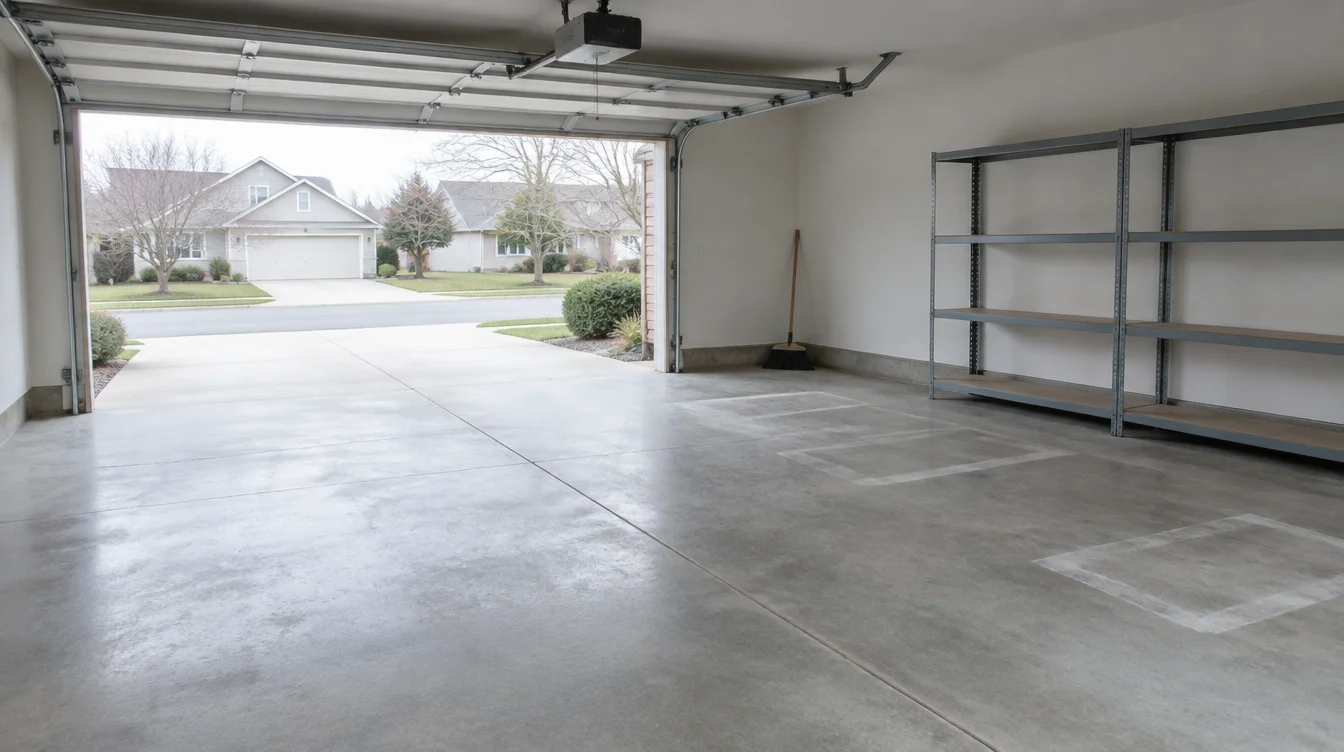 Empty swept double garage with open door and bare shelving