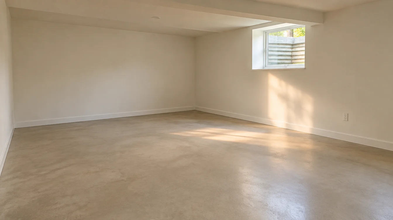 Empty bright basement room with sunlight through a window