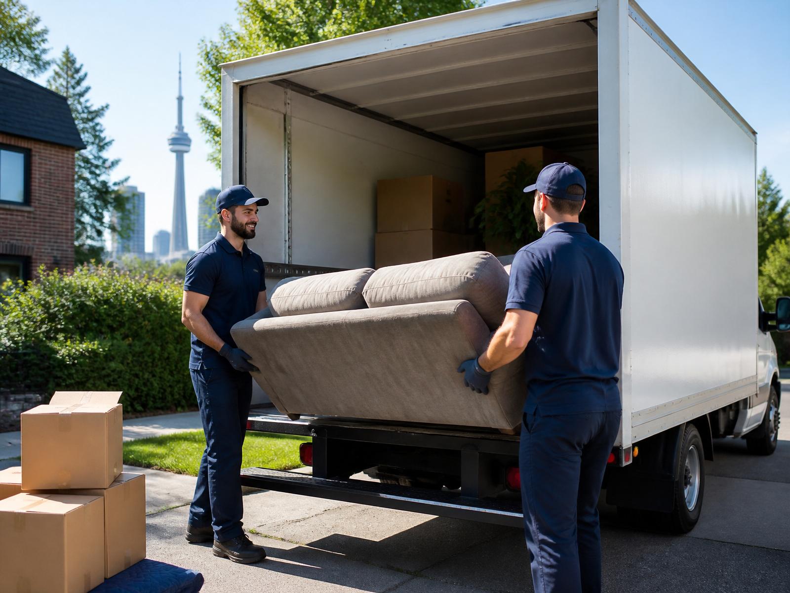 Junk Pros GTA crew loading a sofa into a white cube truck in Toronto